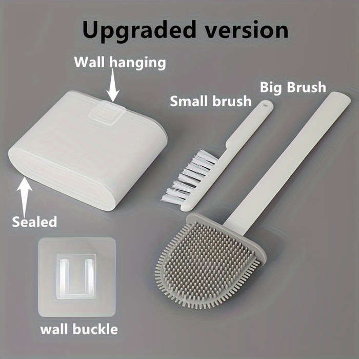Wall-mounted toilet brush set, silicone head bathroom cleaning kit, ergonomic design, comes with 2 b