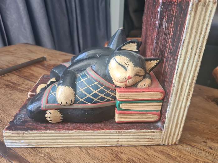 Vintage, Hand Carved, Wooden Bookends, Sleeping Cats