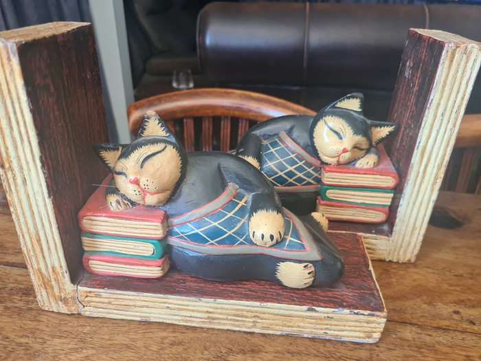 Vintage, Hand Carved, Wooden Bookends, Sleeping Cats