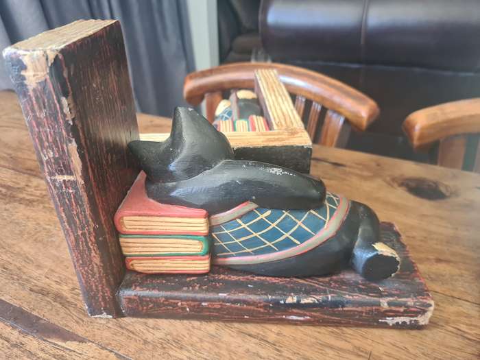 Vintage, Hand Carved, Wooden Bookends, Sleeping Cats