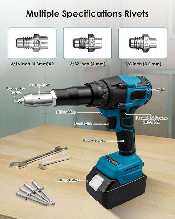 18V Wireless Handheld Rivet Gun, 2 Lithium Rechargeable Batteries & Gloves