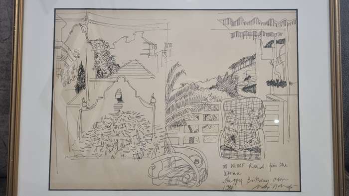 Andre Naude.  Original Drawing. 88 Kloof Road from the terrace. Signed and inscribed. Framed.