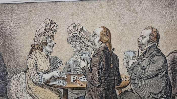 1796 copperplate engraving with hand colour. James Gillray. Two-Penny Whist. Caricature, card game.
