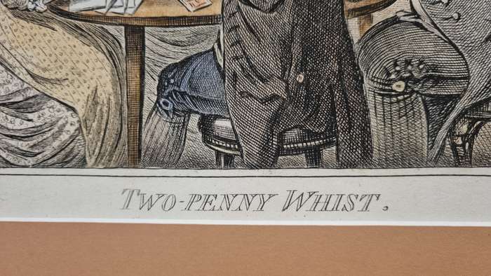 1796 copperplate engraving with hand colour. James Gillray. Two-Penny Whist. Caricature, card game.