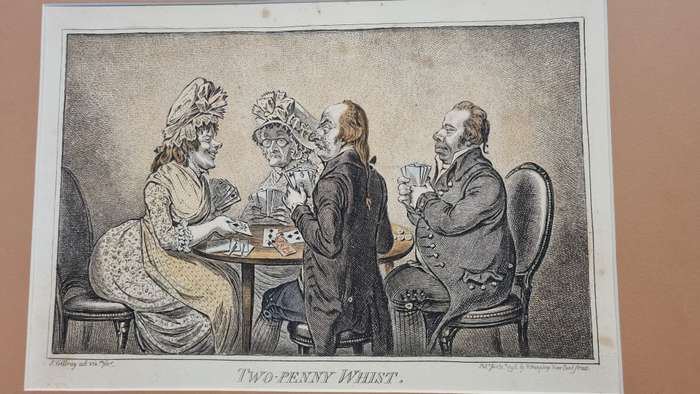 1796 copperplate engraving with hand colour. James Gillray. Two-Penny Whist. Caricature, card game.