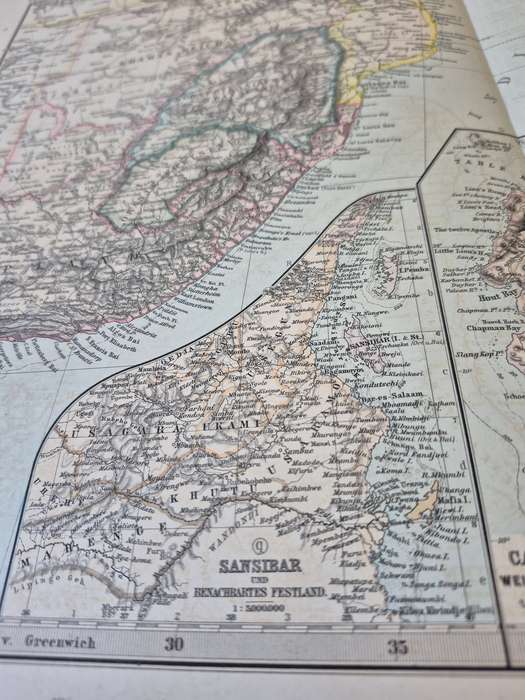 1898 Original Map of South East Africa, Zanzibar, Cape Town, Ethiopia, Reunion Mauritius, Madagascar
