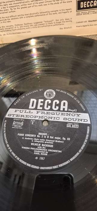 Wilhelm Backhaus Brahms Piano Concerto No. 2 on Decca SXL6322 LP Wide Band 2nd Ed. English Press