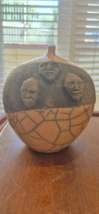 Douglas Lentsa. Hand Signed Ceramic Vase with Small Opening. 4 Ceramic Face Portraits!!!