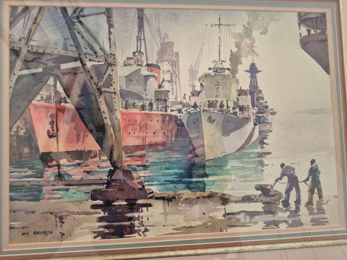 Nils Andersen Original Watercolour Destroyer Refitting Durban Harbour 1944