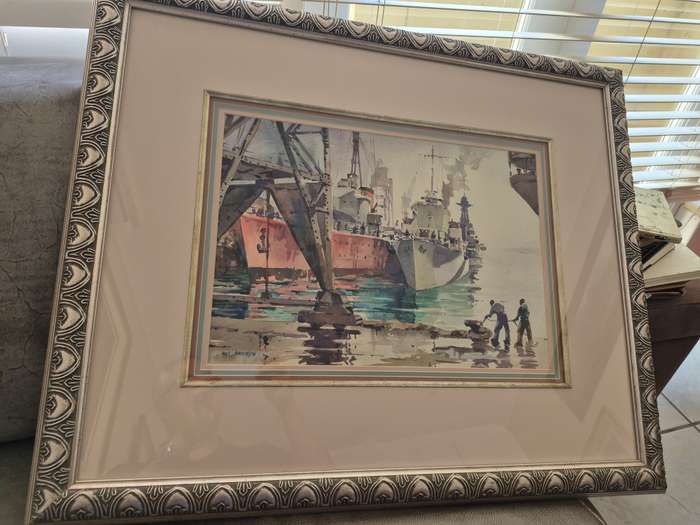 Nils Andersen Original Watercolour Destroyer Refitting Durban Harbour 1944