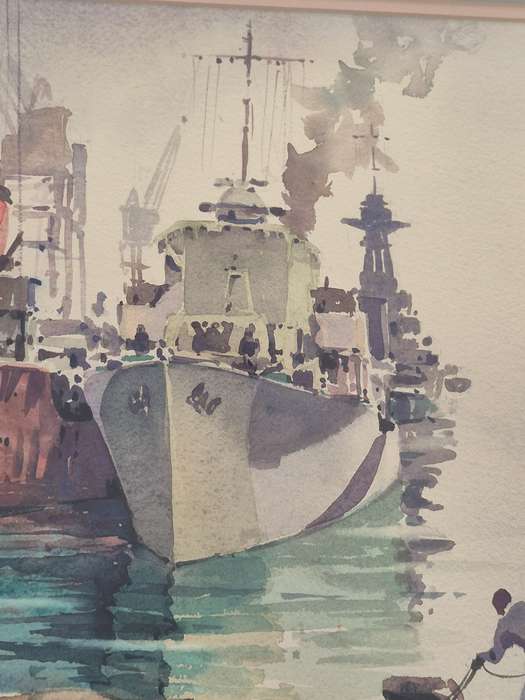Nils Andersen Original Watercolour Destroyer Refitting Durban Harbour 1944