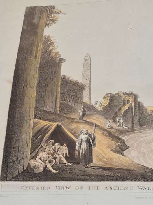 1802 Aquatint Exterior View of the Ancient Wall of Alexandria, With Cleopatra`s Needle. Luigi Mayer