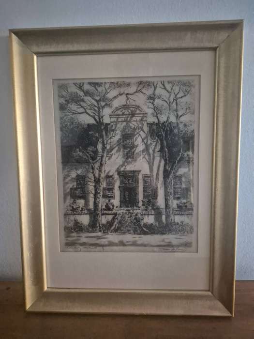 Tinus de Jongh.  CAPE DUTCH HOUSE STELLENBERG, CAPE TOWN. Original Signed Blindstamped Etching.