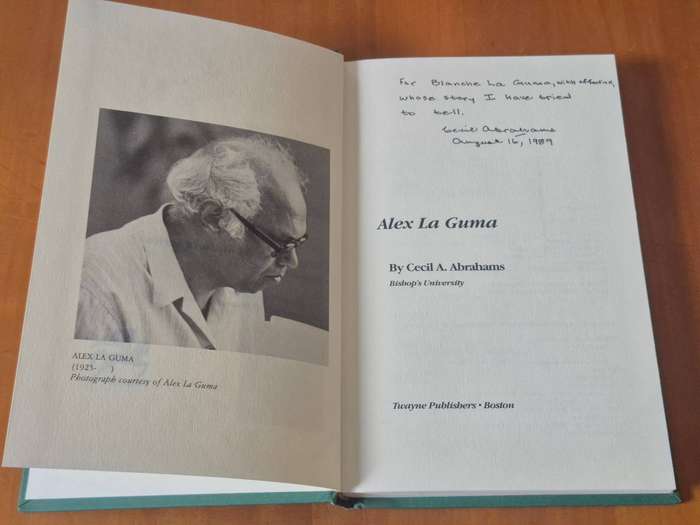Alex La Guma. SIGNED AND INSCRIBED by the author Cecil Abrahams for Blanche La Guma