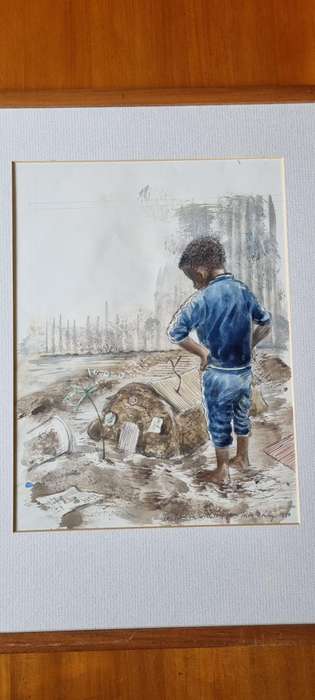ORIGINAL Watercolour Illustration. SIGNED AND INSCRIBED. Charlie Mogotsi, Charlie's House. Niki Daly