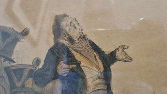 DAUMIER: Robert Macaire devant ses juges . ORIGINAL 1837 lithograph, hand coloured at the time.