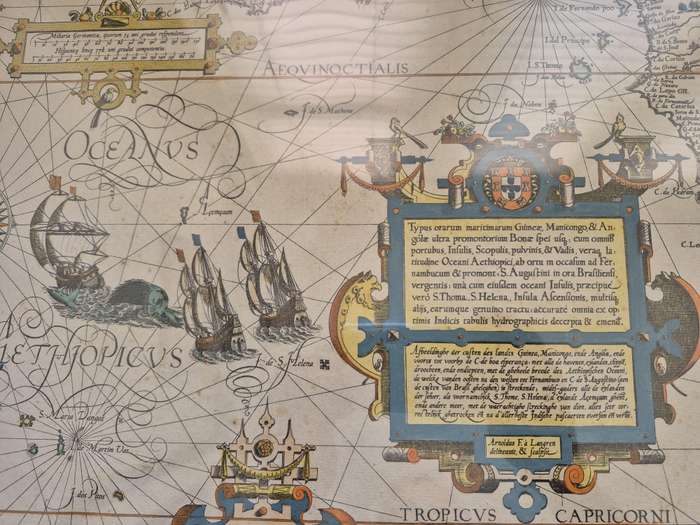 1596 hand coloured original: Striking map of South Africa, West Africa, Atlantic.