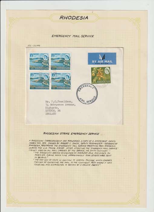 Rhodesia 1971 Emergency Mail Service cancel cover, written up. Scarce !!!