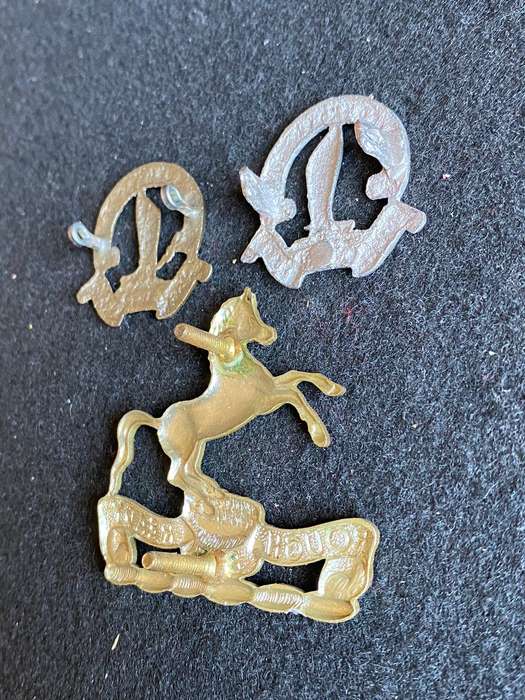 NATAL MOUNTED RIFLES CAP BADGE-WORN SINCE 1965-SOLD WITH 2X COLLARS-LUGS INTACT