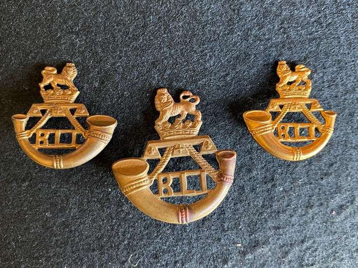 RAND LIGHT INFANTRY,GILDING METAL CAP AND COLLARS-WORN 1913-1967-LUGS + PINS COMPLETE