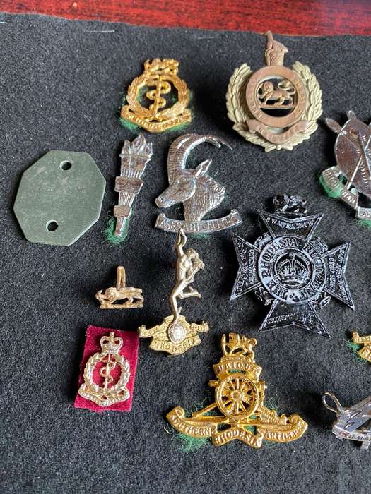 SELECTION OF RHODESIAN BADGES- SOLD TOGETHER- MOST WITHOUT LUGS- 15 IN TOTAL