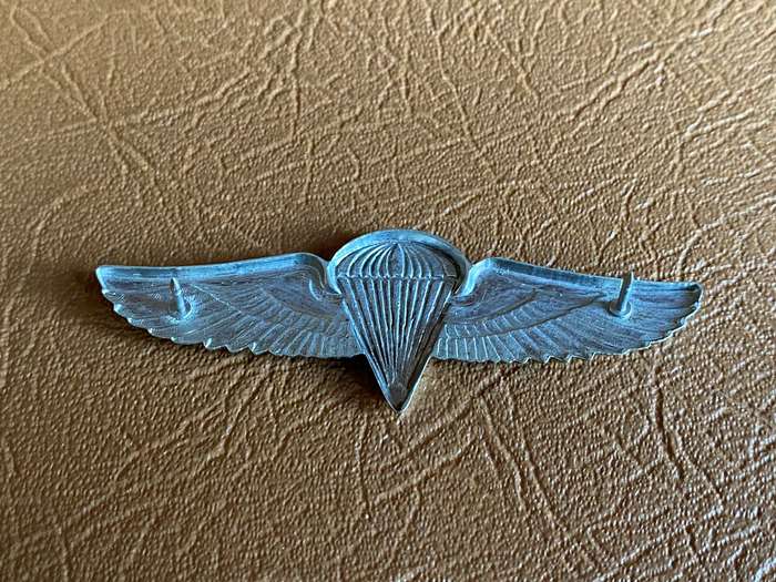 ZAMBIAN ARMY BASIC STATICLINE PARA WINGS-BLUE CENTRE WITH CHROME WINGS-1970'S-80'S- 2 PINS