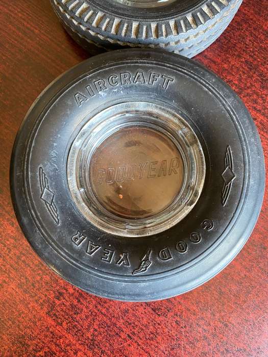 VERY COLLECTABLE 1960'S GOOD YEAR AND FIRESTONE ASHTRAYS-HARD RUBBER WITH GLASS ASHTRAY INSIDE-DIAME