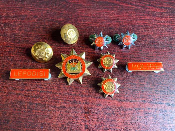 BOPHUTHATSWANA POLICE CAP,COLLARS ,BUTTONS + BREAST NAME BADGE + RANKS-PINS + LUGS INTACT