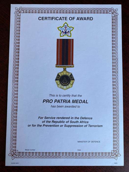 Original SADF Blank Medal Certificate