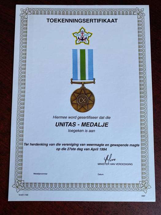 ORIGINAL SADF BLANK MEDAL CERTIFICATE