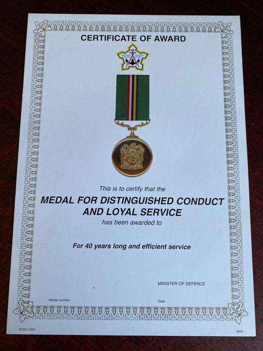 ORIGINAL SADF BLANK MEDAL CERTIFICATE