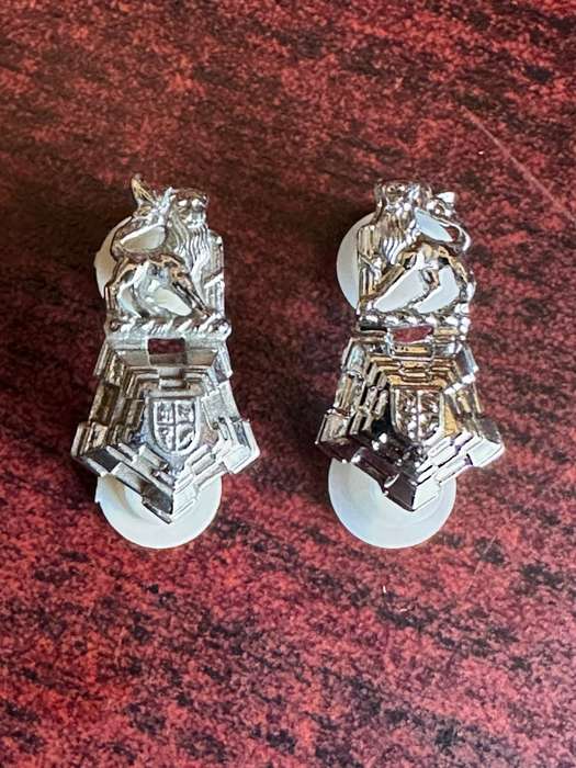 SA STAFF CORPS MESS DRESS COLLAR BADGE PAIR IN CHROME-WORN 1976-2003-PINS INTACT