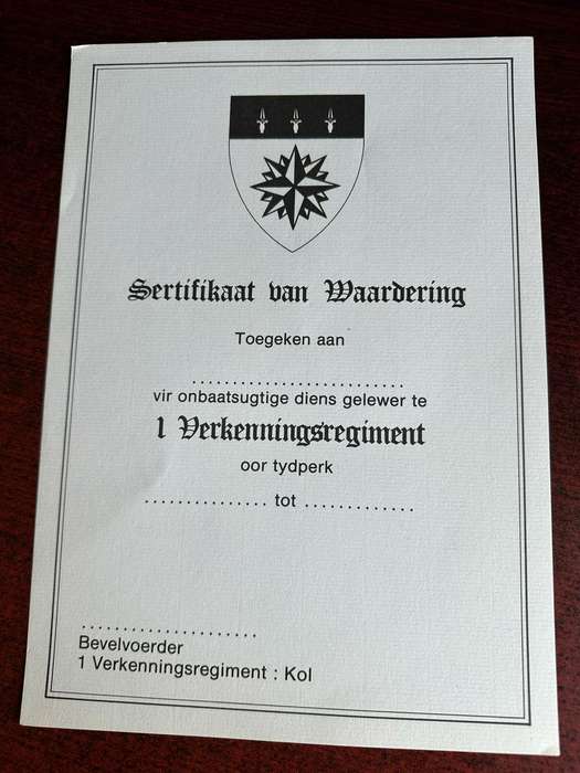 BLANK 1 RECCE-SERTIFIKAAT VAN WAARDERING-ORIGINAL