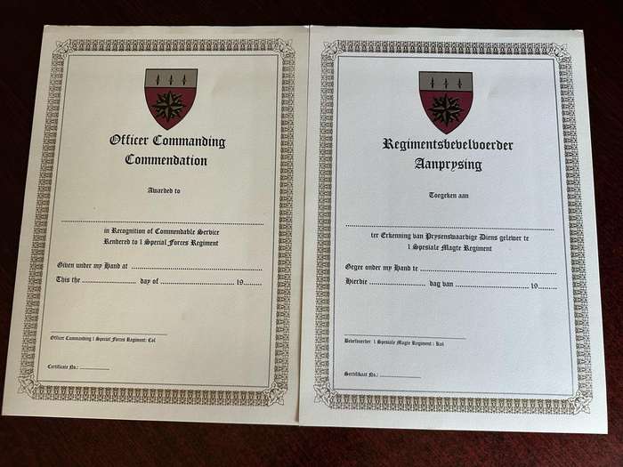 1 RECCE OFFICER COMMANDING COMMANDING,BLANK CERTIFICATE -IN AFRIKAANS AND ENGLISH- ORIGINAL