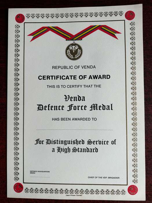 ORIGINAL BLANK CERTIFICATE OF AWARD FOR VENDA DEFENCE FORCE MEDAL