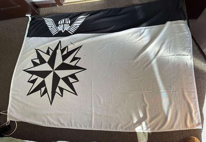 5 Recce Regt. original flag. Measures 180x120 cm. Used but in good condition. Cotton double sided.