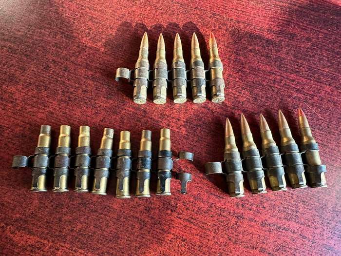 Border war period belted ammunition 7,62 push through type. Deactivated. 3 Pieces sold together.