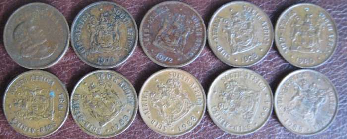 10 South African 1c Coins 1967 | 1972 |1973 | 1974 | 1981 | 1983| 1984 || 1988 | 1988