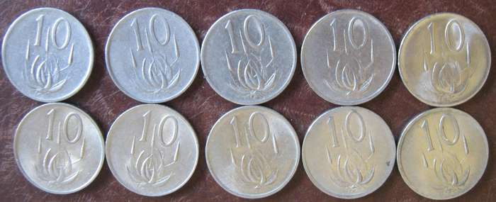 10 South African 10c Coins 1980 | 1981 | 1982 |1983| 1984 |1985 | 1986 | 1987 | 1988 | 1989