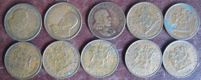 10 South African 2c Coins 1965 |1968 | 1969 |1970 | 1972 | 1980 |1981 | 1985 | 1986 |1989