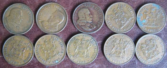 10 South African 2c Coins 1965 |1968 | 1969 |1970 | 1972 | 1980 |1981 | 1985 | 1986 |1989