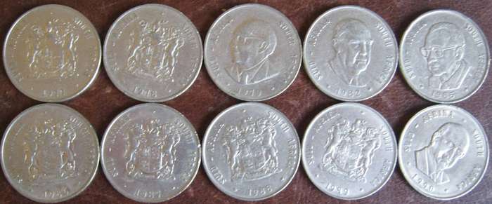 10 South African R1 Coins 1977 | 1978 | 1979 |1982| 1985 | 1986 | 1987 | 1988 | 1989 | 1990