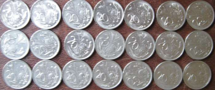 21 South African 20c Coins  1961 | 1965|1971 | 1972 | 1974 to 1990