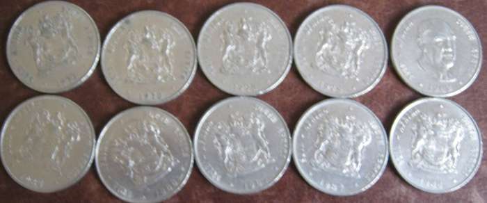 10 South African R1 Coins 1977 | 1978 | 1978 |1980 | 1982 | 1983 | 1987 | 1987 | 1987 | 1988