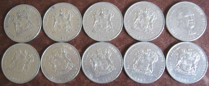 10 South African R1 Coins 1977 | 1978 | 1978 |1980 | 1982 | 1983 | 1987 | 1987 | 1987 | 1988