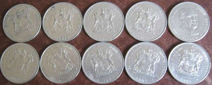 10 South African R1 Coins 1977 | 1978 | 1978 |1980 | 1982 | 1983 | 1987 | 1987 | 1987 | 1988