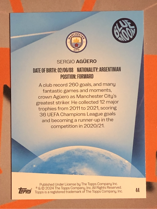 Sergio Aguero NUMBERED out of 50 Topps BLUE MOON 2024 Soccer trading card