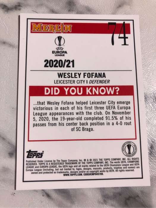 Wesley Fofana ROOKIE Topps Merlin 2021 Soccer trading card