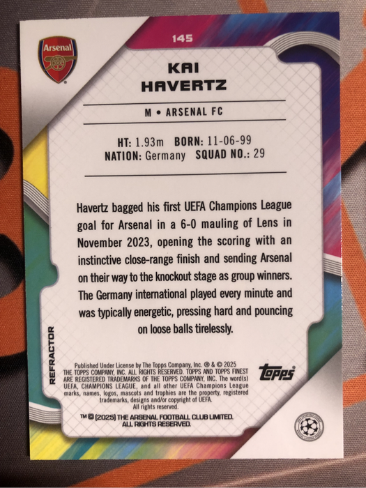 Kai Havertz Arsenal REFRACTOR NEW Topps Finest 2025 soccer trading card