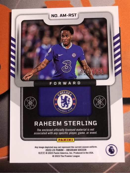 Raheem Sterling patch NUMBERED out of 199 Obsidian 2022 soccer trading card